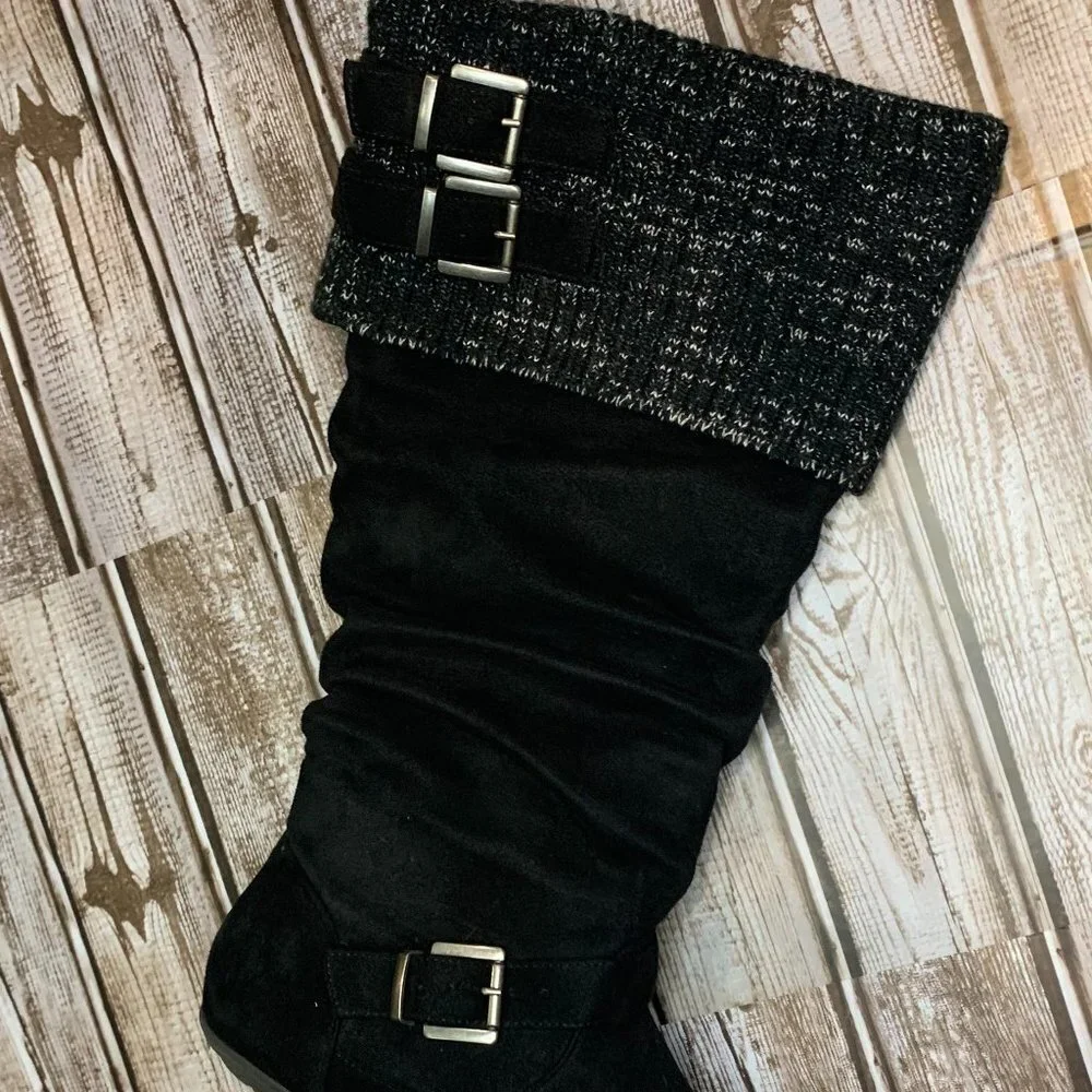 Corrinna Black Suede Buckle Boots with Sweater Cuff